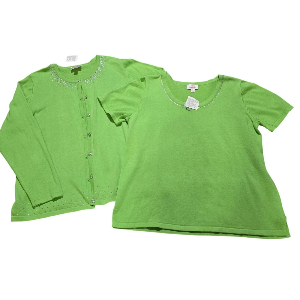 Quacker Factory Sweater Set Women Large Green Rhinestone Cardigan & Shell 2pc